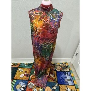 Vintage  60's Wanda Belli  Psychedelic Paisley Mock Neck Maxi Dress Sleeveless
